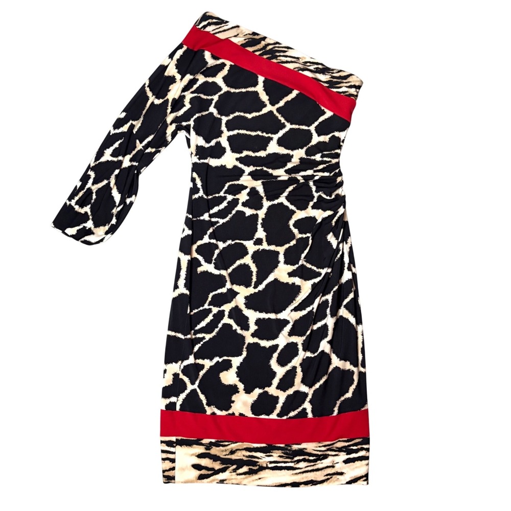 Cache Y2K One Shoulder Dress Womens M Black Animal Print Ruched Mob Wife